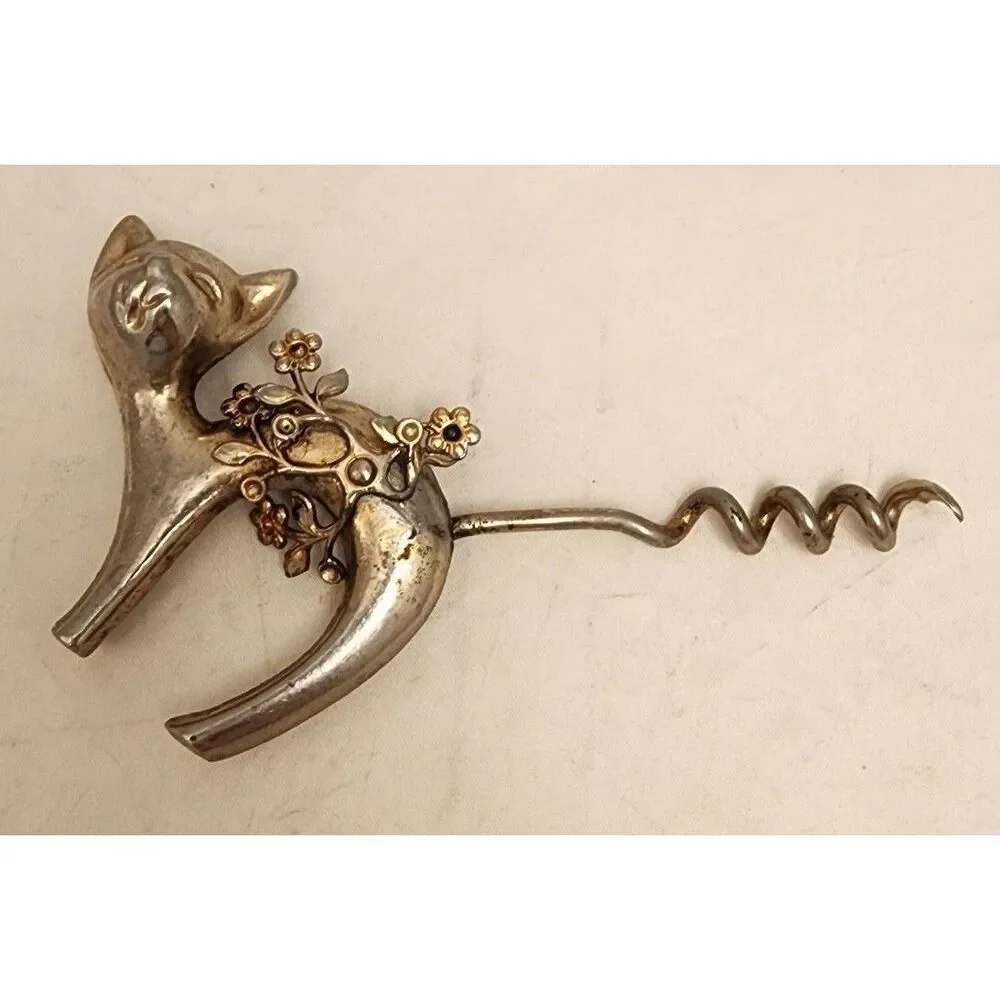 #7671 Cat Cork Screw Bottle Opener with Gold tone Flowers 4.5 inches